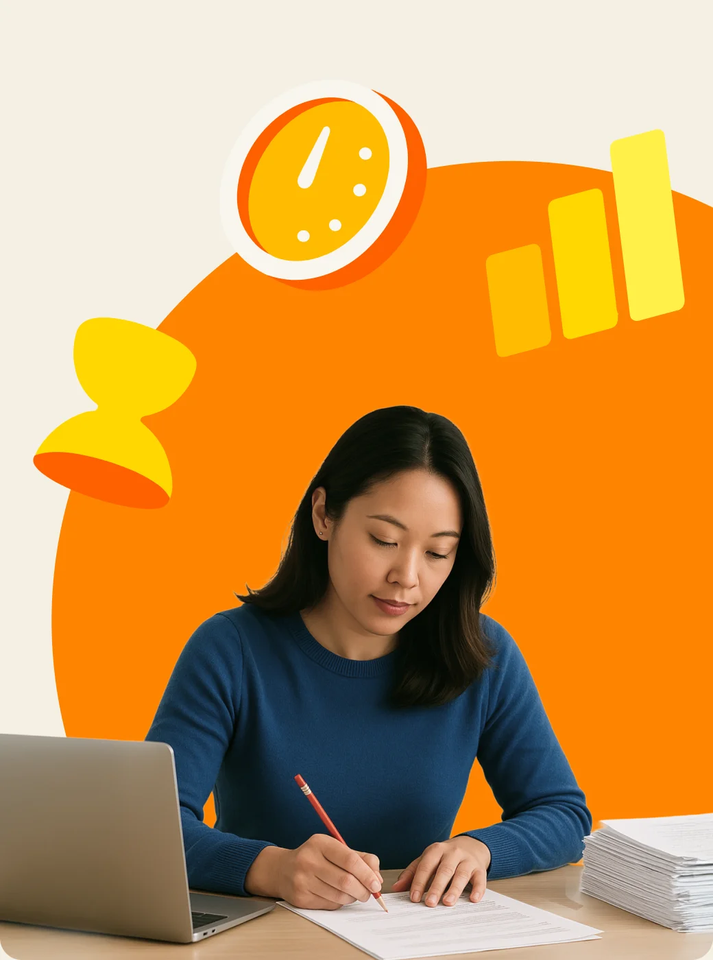 Gradebox for Teachers - Young woman working at desk with laptop and papers